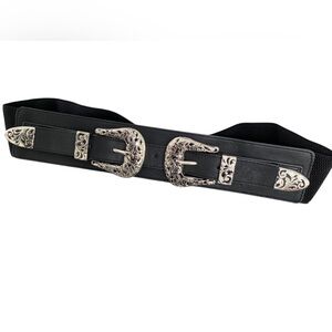 Silver Double Buckle PU leather Black Waist Elastic Belt Retro Western Cowboy
